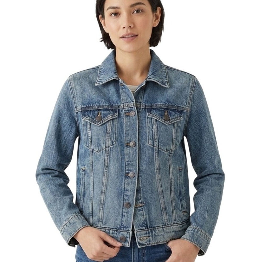 Lucky Brand Tomboy Trucker Jacket Womens L Blue Distressed Vtg Inspired 2000 Y2K